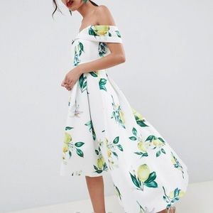 ASOS DESIGN Lemon Print Bardot Midi Dress
